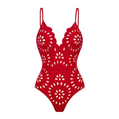 Scallop Neckline One-Piece Swimsuit with Eyelet Midi Skirt Set