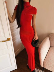 red sleeveless turtleneck ruched maxi dress
