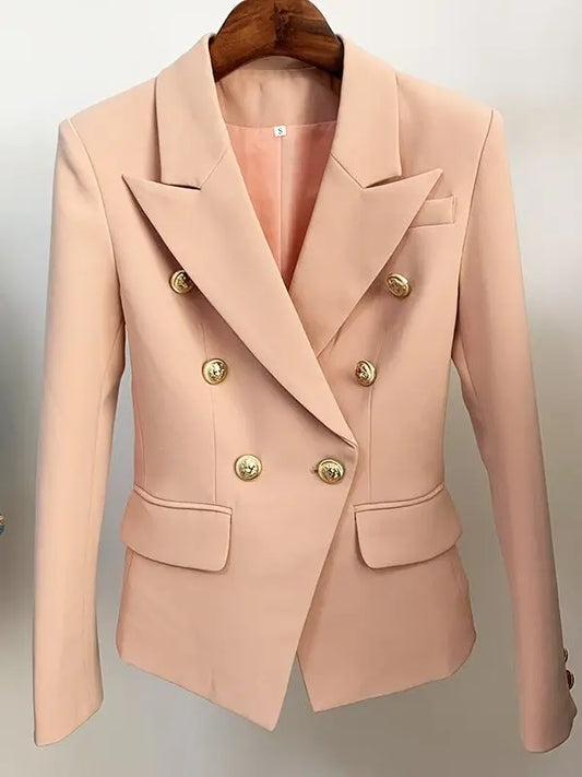 Pale pink double-breasted blazer with gold lion buttons and notched lapels.