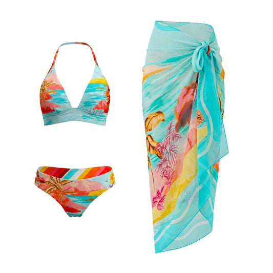Bikini top and bottom with tropical landscape print
