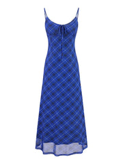 Spaghetti strap tie-front mesh midi dress, front view
