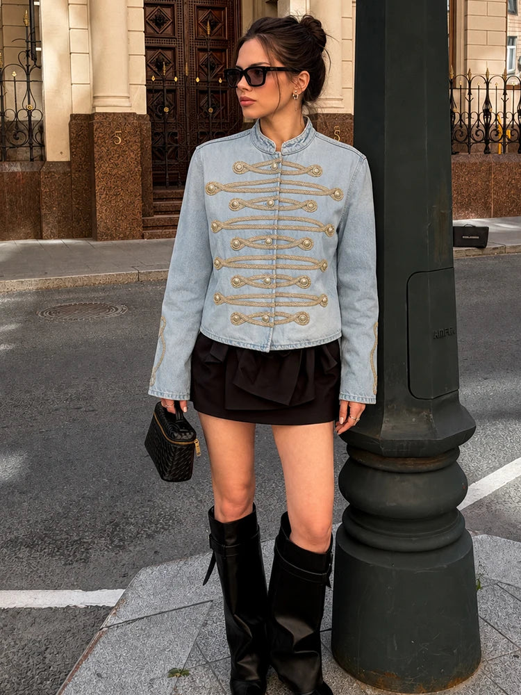 Denim military cropped jacket with braided trim and stand collar.