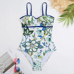 Tie-Strap V-Neck One-Piece Swimsuit with Matching Sarong Set