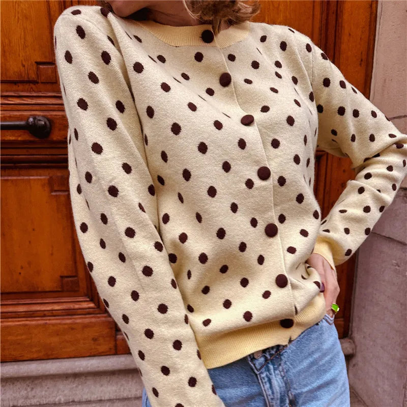 Cream polka dot knit coat crew neck long sleeve