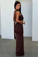 Strapless Draped Cutout Maxi Dress with Halter Neckline