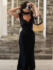 Patchwork Satin Lace Maxi Dress – Elegant V-Neck Evening Gown