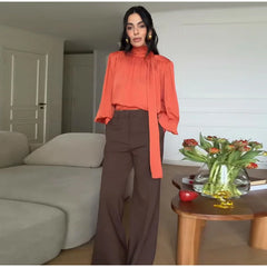 Standneck Long Sleeve Blouse with Fold Ribbon and Button Cuffs