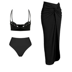 Black embellished bikini top with high waist bikini bottoms