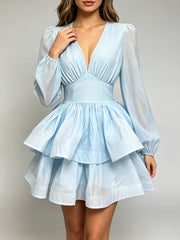 V-Neck Puff Sleeve Tiered Mini Dress