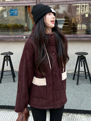 Fur Hooded Contrast Color Thick Coat