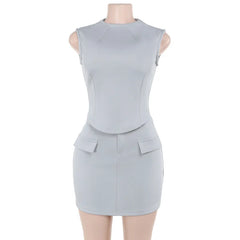 Solid 2 Piece Set Sleeveless Top and Mini Skirt Suit 