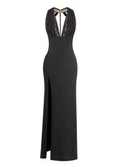 Black Halter Lace Trim Neck High Slit Maxi Dress