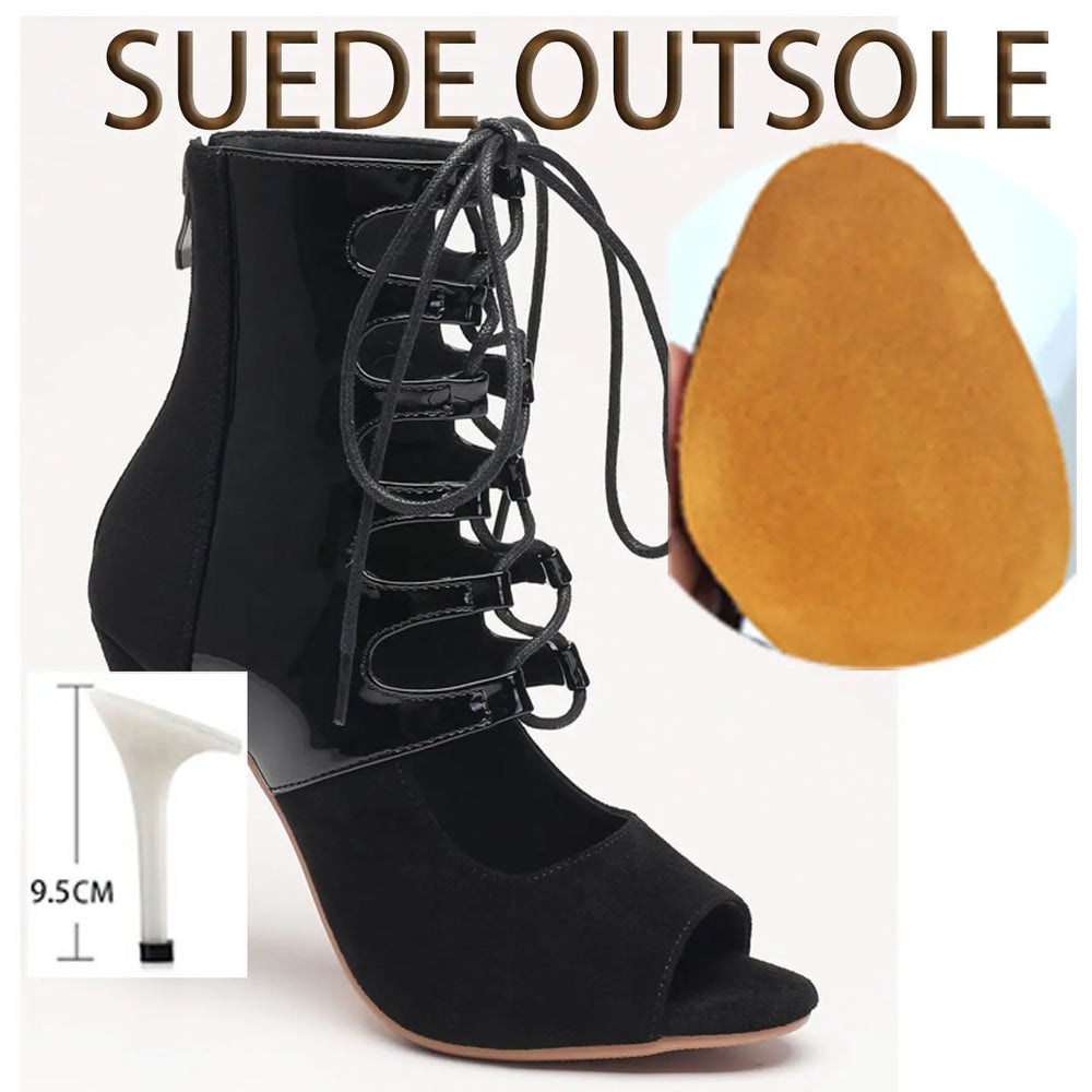 Black suede high-heeled open-toe shoes with lace-up design, suede outsole, and heel height measurement.