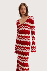 Close-up of red chevron knit maxi dress detail