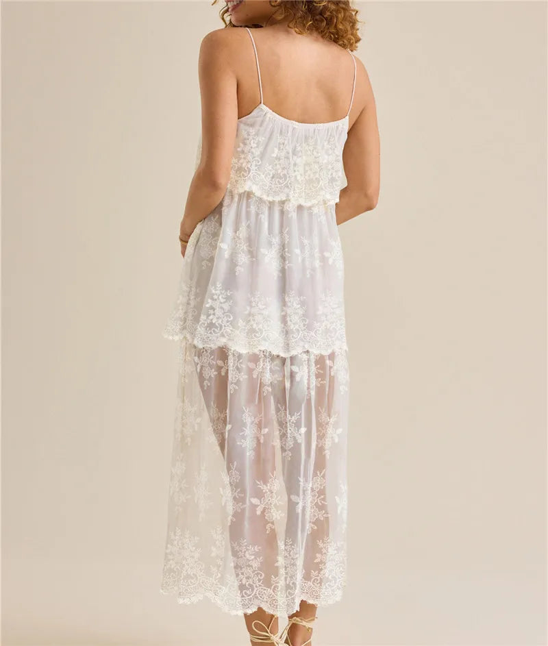 Back view of floral lace maxi dress with spaghetti straps