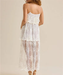 Back view of floral lace maxi dress with spaghetti straps
