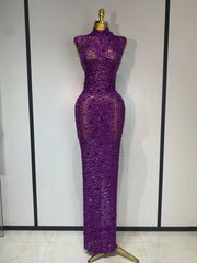 Rhinestone High Neck Sleeveless Dress