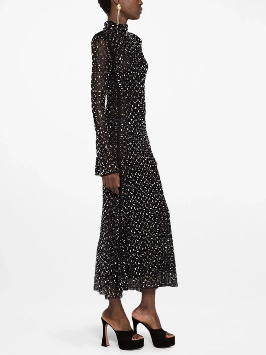 Crystal embellished turtleneck midi dress on a model, side view.