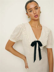 Short Puff Sleeve Bow Detail Dots Print Mini Dress