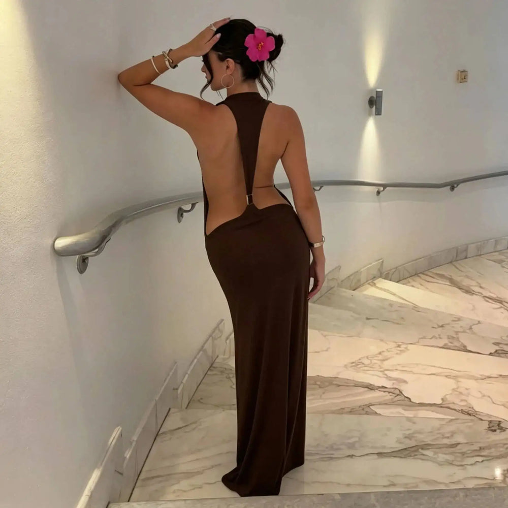 Open back U neck metal ring maxi dress
