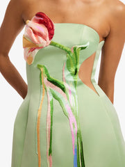Green Strapless Flower Appliqu�� Mini Dress