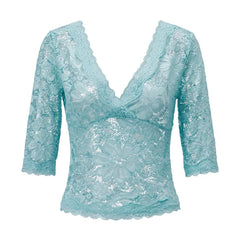 Blue Sheer Lace V Neck 3/4 Sleeve Crop Top