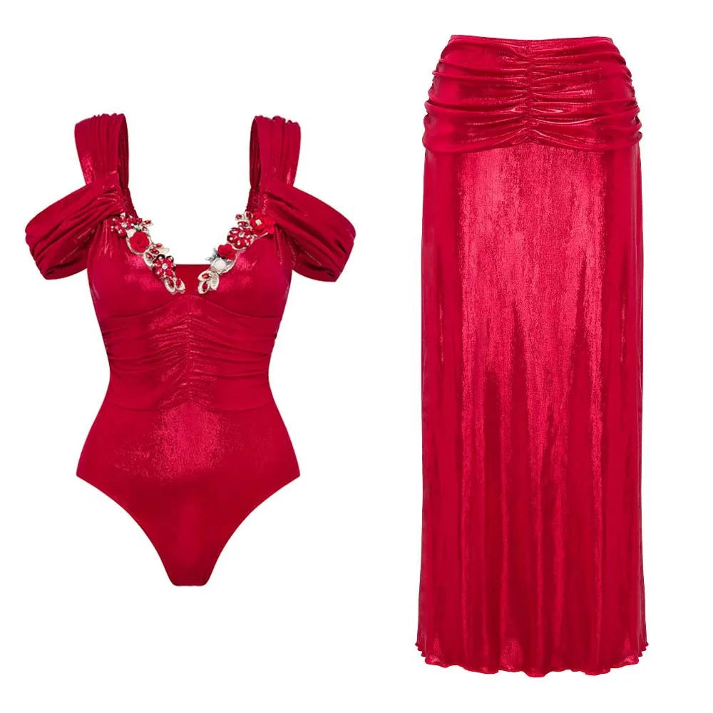 Red metallic ruched one-piece swimsuit with matching maxi skirt