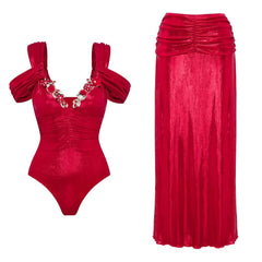 Red metallic ruched one-piece swimsuit with matching maxi skirt