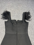 Black Square Neck Crystal Bow Feathers Bandage Midi Dress