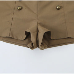 Brown Stand Collar Long Sleeve Pocket Jacket and Shorts Two Piece Set