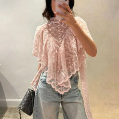 Pink floral lace mock neck top with ruffled asymmetrical hem and flutter sleeves