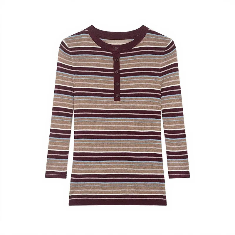 Striped long-sleeve shirt with a henley neckline on a white background