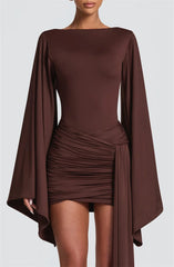 Draped Long Flare Sleeve Backless Bodycon Mini Dress