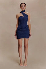 Navy blue crystal embellished halter neck mini dress with side ruching.