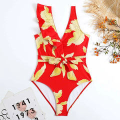 Tie-Strap V-Neck One-Piece Swimsuit with Matching Sarong Set