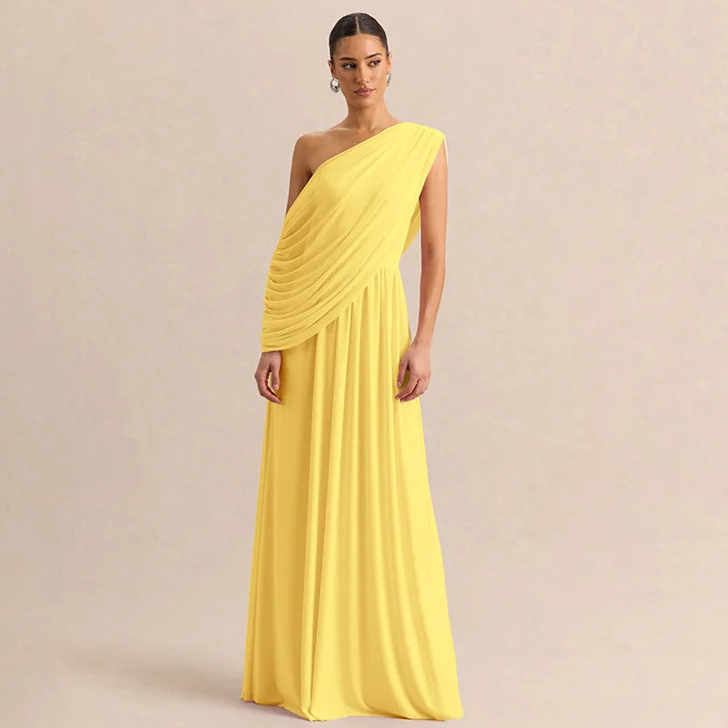 Yellow one shoulder draped maxi dress