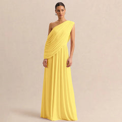 Yellow one shoulder draped maxi dress