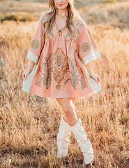 Floral Embroidered V-Neck Mini Dress
