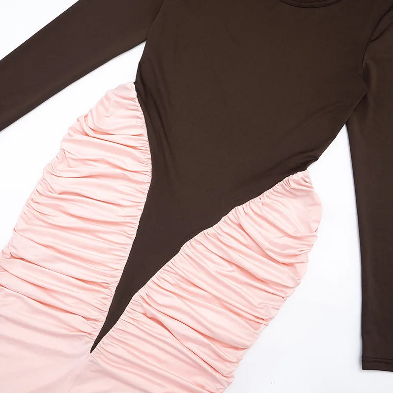Brown long-sleeve top with pink pleated skirt on a white background