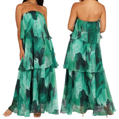 Green strapless dress with leaf pattern shown from front and back on a white background