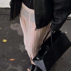 Sheer Pleated Slit Midi Skirt