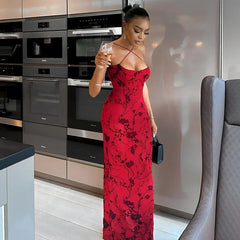 Red Floral Printed Cross Halter Open Back Long Elegant Dress