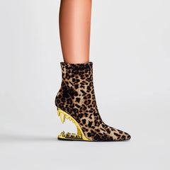 A woman wearing the leopard print ankle boots, highlighting their stylishness and confident attitude. Golden Atelier 2