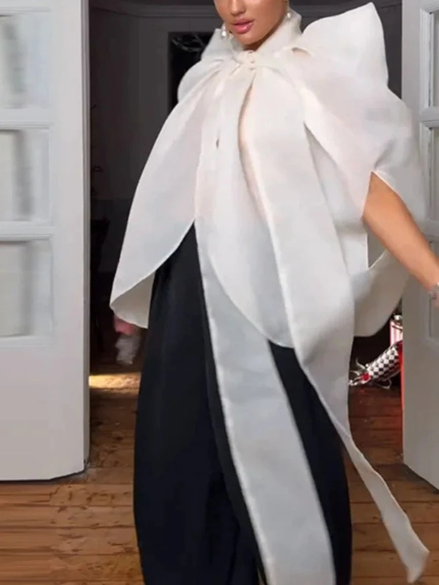 Back view of a woman in a sheer organza top with a dramatic bow and voluminous sleeves.