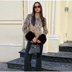 Leopard Print Fur Trim Jacket
