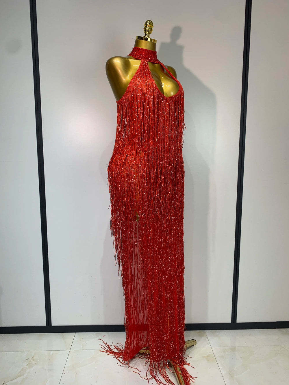 Red beaded fringe halter gown side view