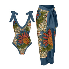 Tie-Strap V-Neck One-Piece Swimsuit with Matching Sarong Set