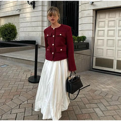 Wine Red O Neck Long Sleeves Loose Jacket