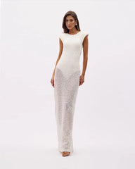 White Sequined Backless Gown Dress