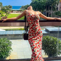 Rose Flower Print Bow Lacing up Open Back Long Dress